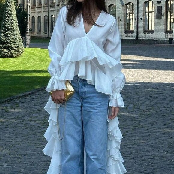 Tops - White Casual Women's V-Neck Loose Blouse